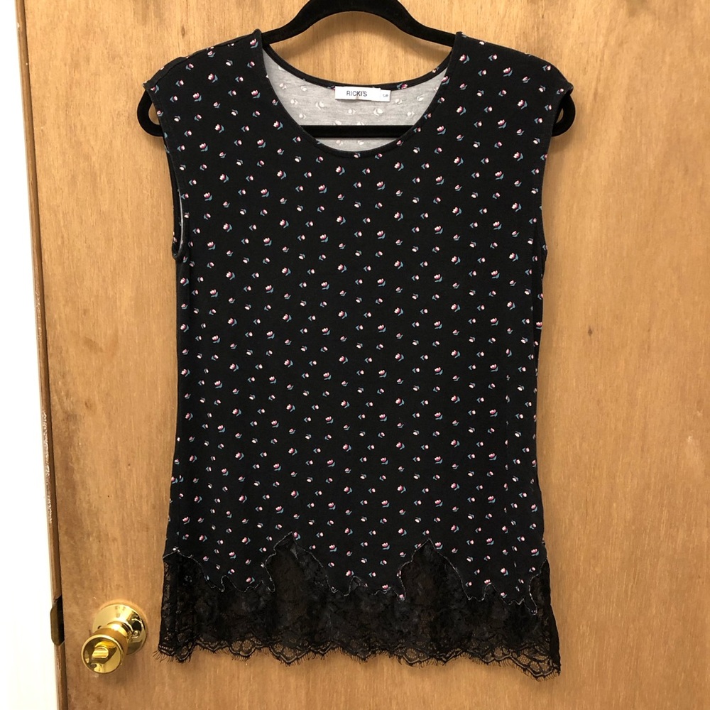 Ricki's Black Floral Sleeveless Top with Lace Hem